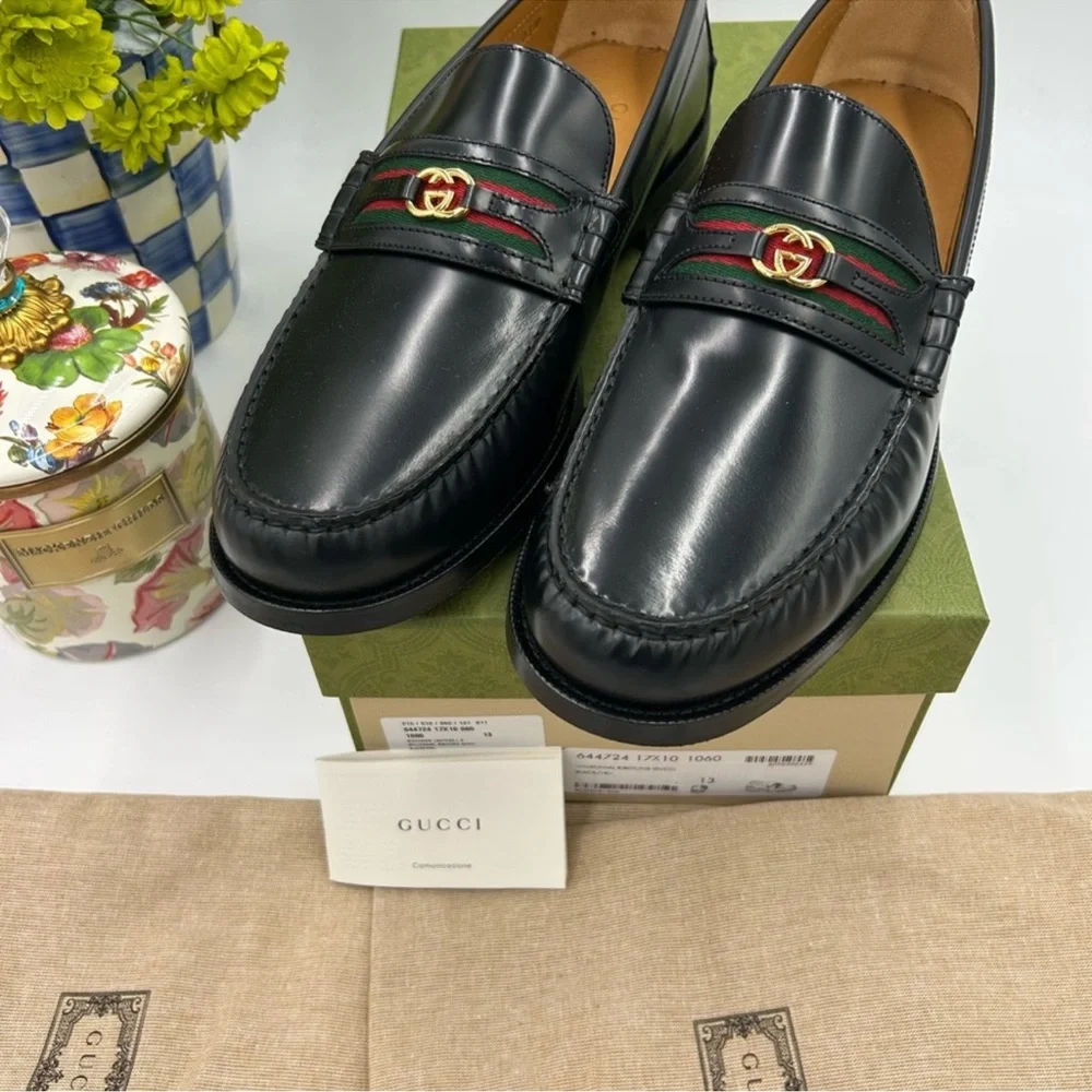 Men’s Gucci, black Kaveh interlocking G leather loafer size 13 made in Italy - Picture 2 of 12